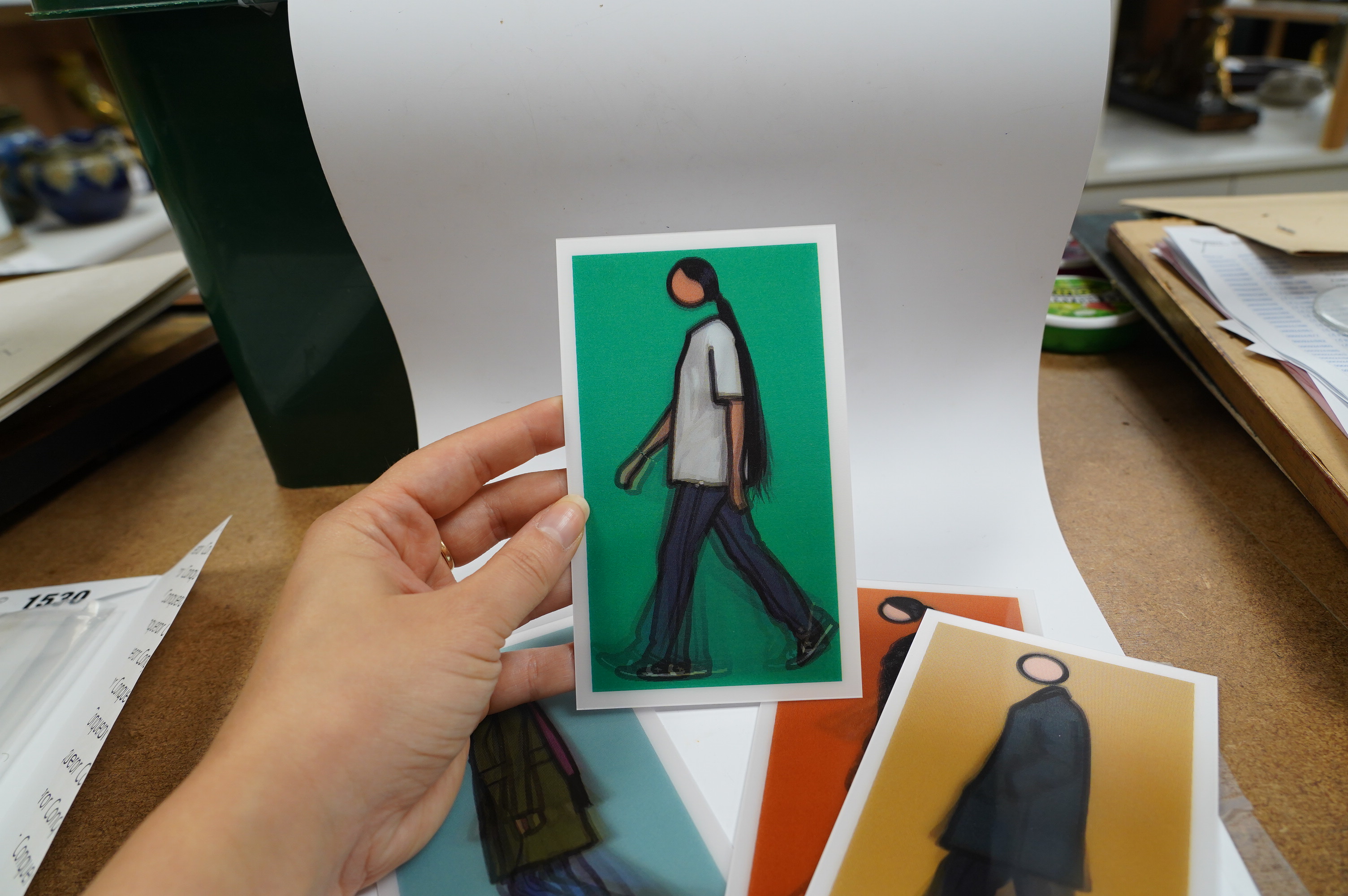 Julian Opie (British b.1958), set of four lenticular postcards, after the large lenticular works, published by Alan Cristea Gallery from an unknown edition, London; Kris Walking; Sian Walking; Jeremy Walking in Coat; Ver